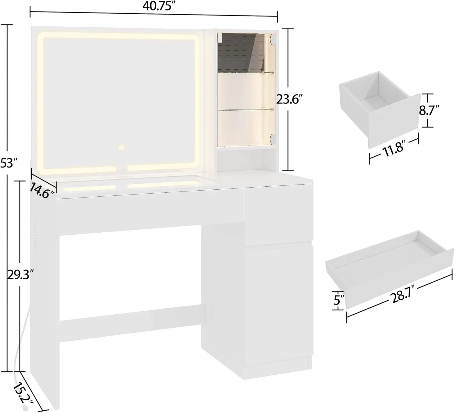 41" Vanity Desk with Power Outlet, Makeup Vanity with Mirror and Lights, 3 Lighting Modes, White Vanity Table with Glass Top