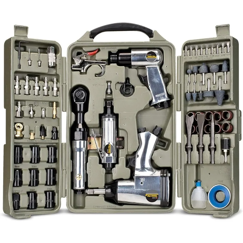 

Trades Pro Air Tool and Accessories Kit, 71 Piece, Impact Wrench, Air Ratchet, Die Grinder, Aire Hammer, Hose Fittings