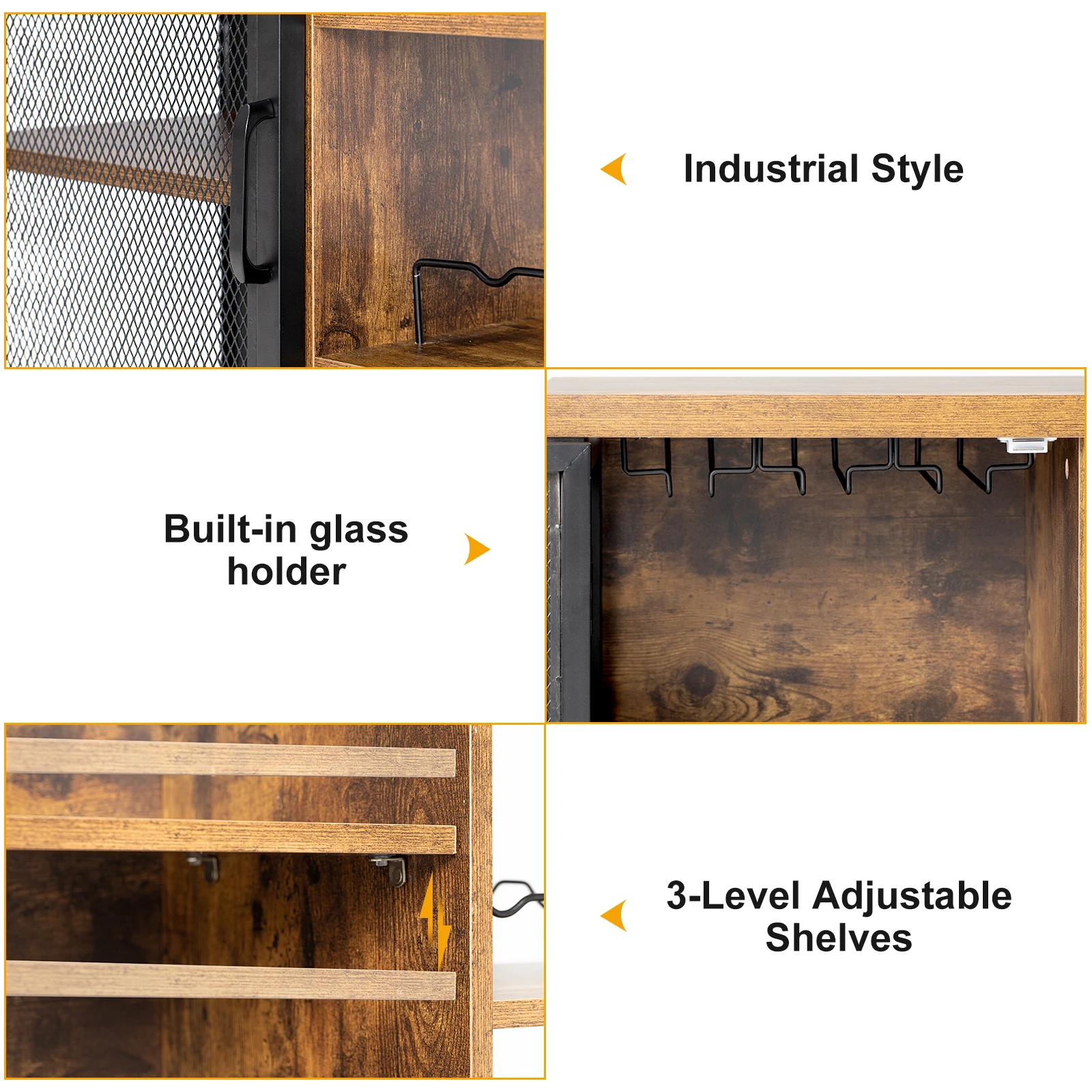 Household LED wine bar cabinet, farmhouse coffee bar with 2 hinged doors, adjustable wooden and steel table with bottle rack