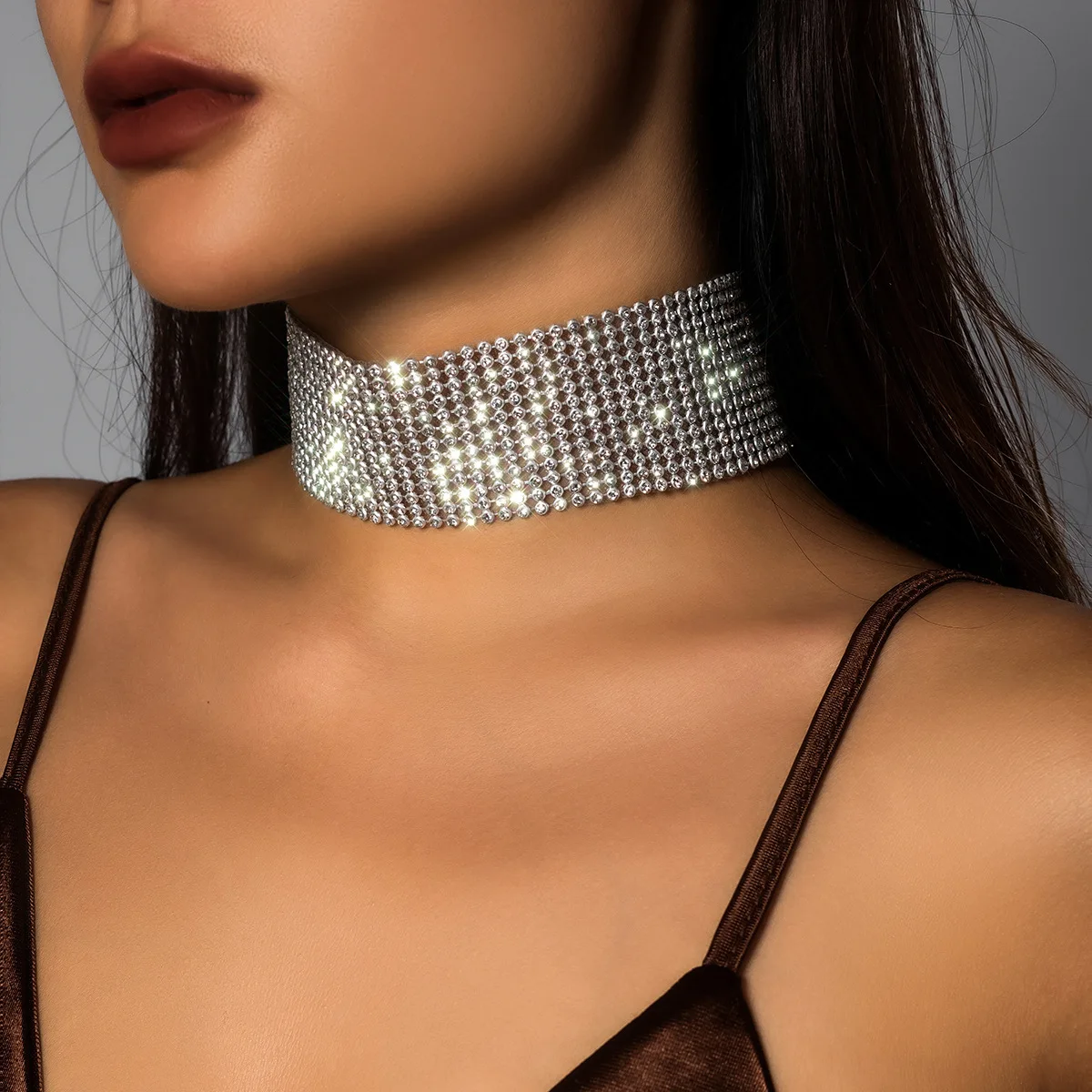 Trendy Multilayer Rhinestone Choker Necklace for Women Wide