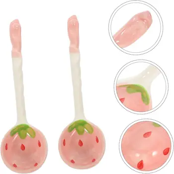 딸기 세라믹 스푼, 대형 긴 손잡이, 가정용 식당 카페테리아, 귀여운 여성 핸드 페인트 상품 이미지