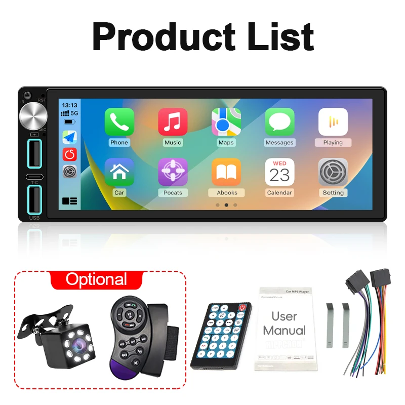 1Din Car Radio Stereo 6.86 Inch Carplay Android Auto Multimedia Video Player IPS