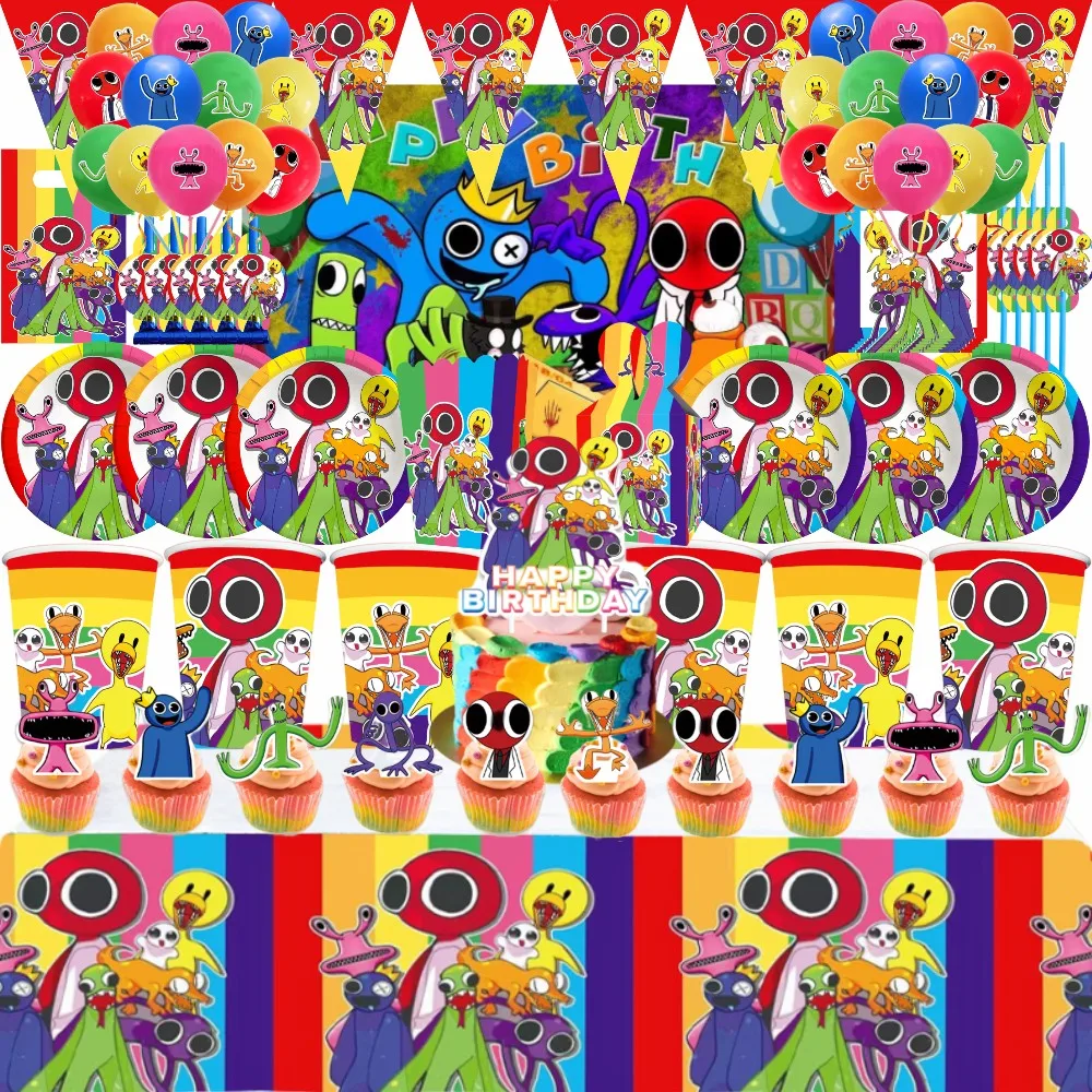 

Rainbow Friends Birthday Party Supplies Disposable Tableware Balloon Cup Plate Tablecloth Cake Topper for Kids Boys Baby Shower