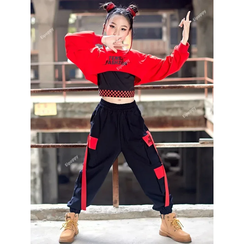 Teenage Fashion Streetwear, Stage Wear, Girls' Hip-hop, Jazz Dance, Red Crop Tops, Work Pants