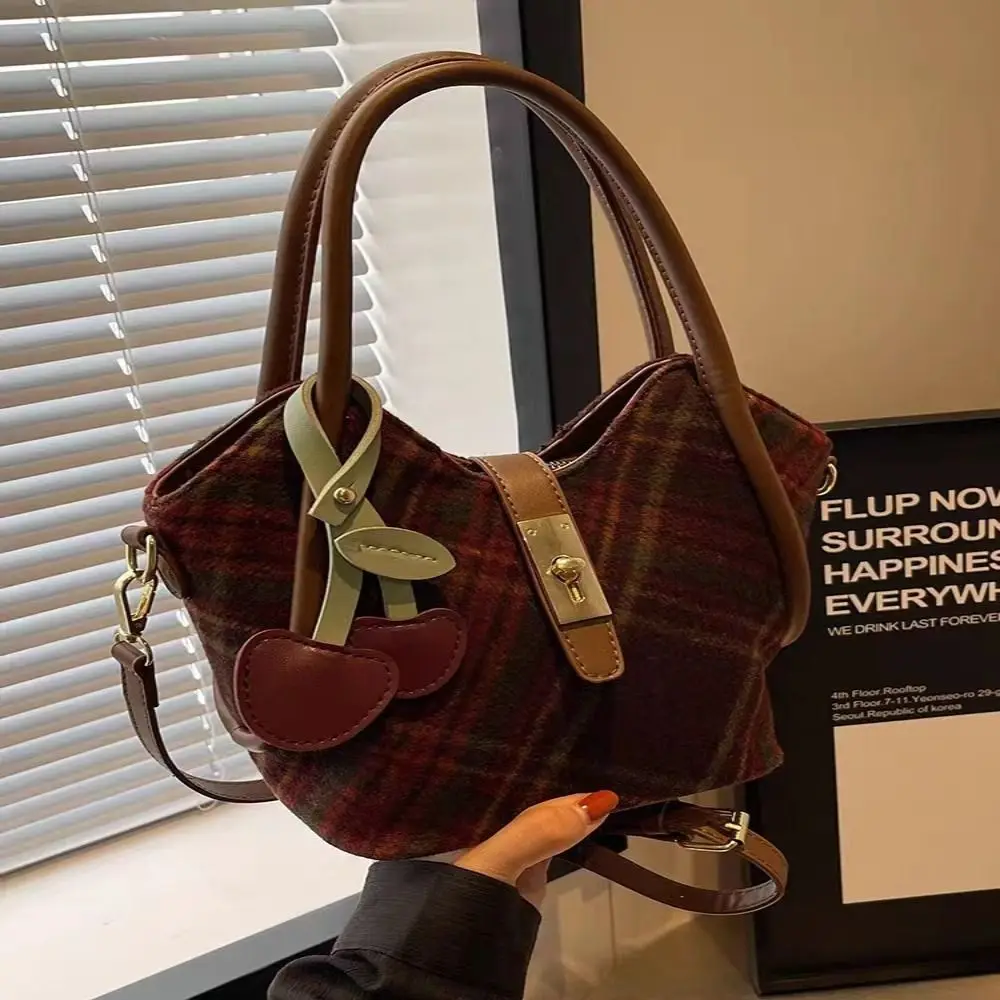 Solid Color Single Shoulder Bag Temperament PU Cherry Pendant Wool Fabric Tote Bag Plaid Woolen Fabric Crossbody Bag Girls