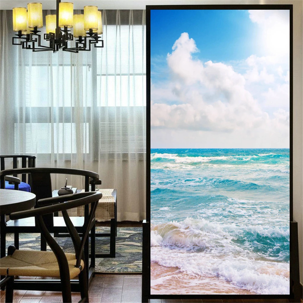 

Privacy Windows Film Decorative Beautiful Beach Stained Glass Window Stickers No Glue Static Cling Frosted Window Film 103