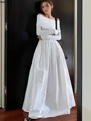 Autumn Fashion Evening Party Maxi White Dress Women Korean Off Shoulder Long Sleeve Birthday Robe Y2k Streetwear Corset Clothes