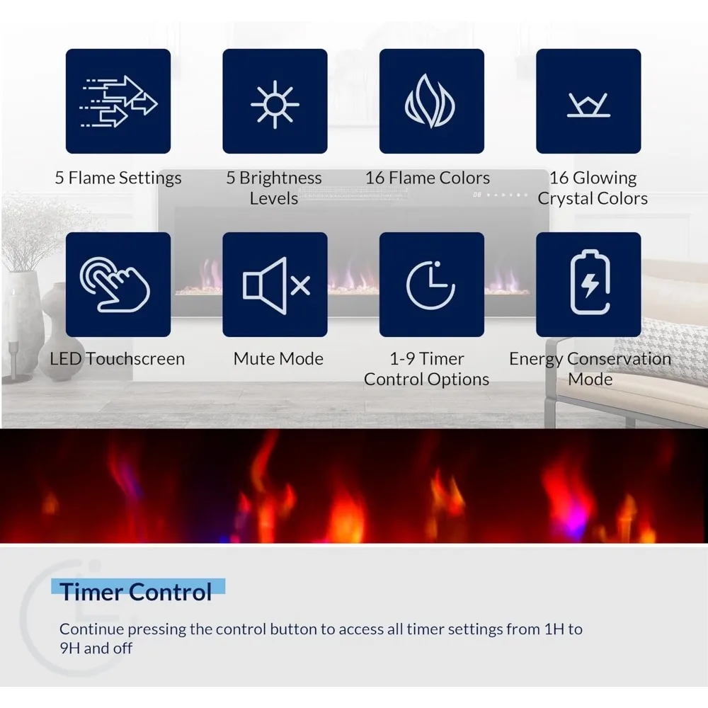 42" Electric Fireplace Heater,1400 W Recessed & Wall Mounted Electric Fireplace with Remote Control,Heater with Adjustable Flame 5