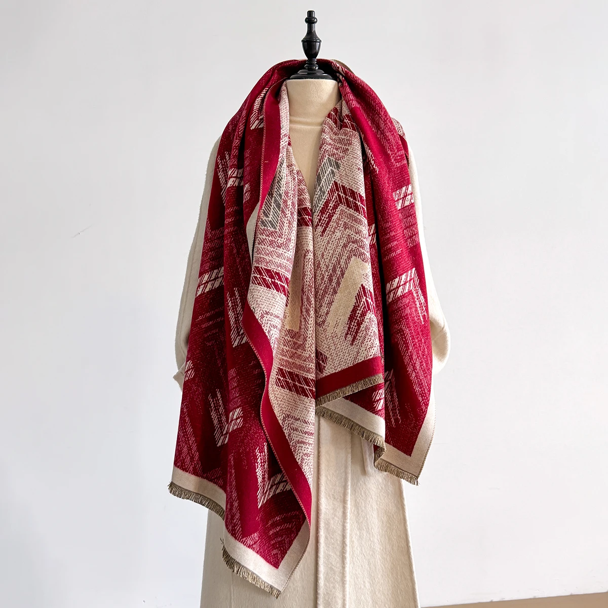 New Luxury Geometry Print Scarf for Women Warmer Winter Pashmina Two-Sided Scarves Shawls Female Thick Blanket Wraps Foulard