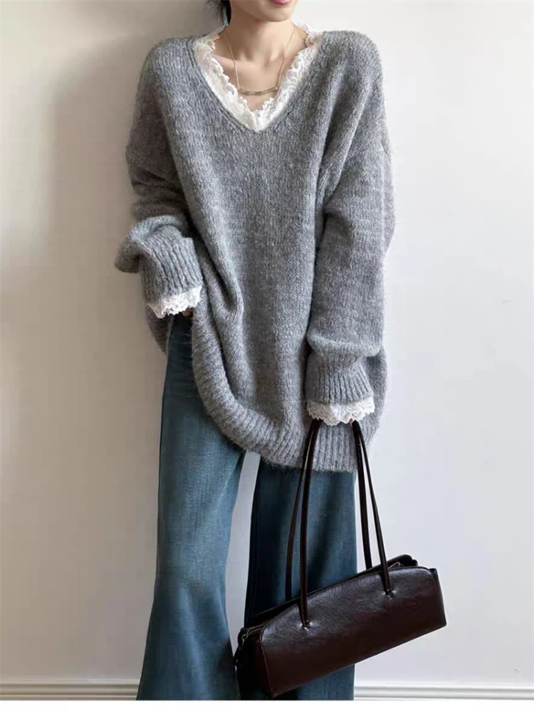 New Autumn and Winter V-neck Lace Lace Women's Long-sleeved Sweater Elegant Fashion Elegant Loose Knitted Pullover Shirt