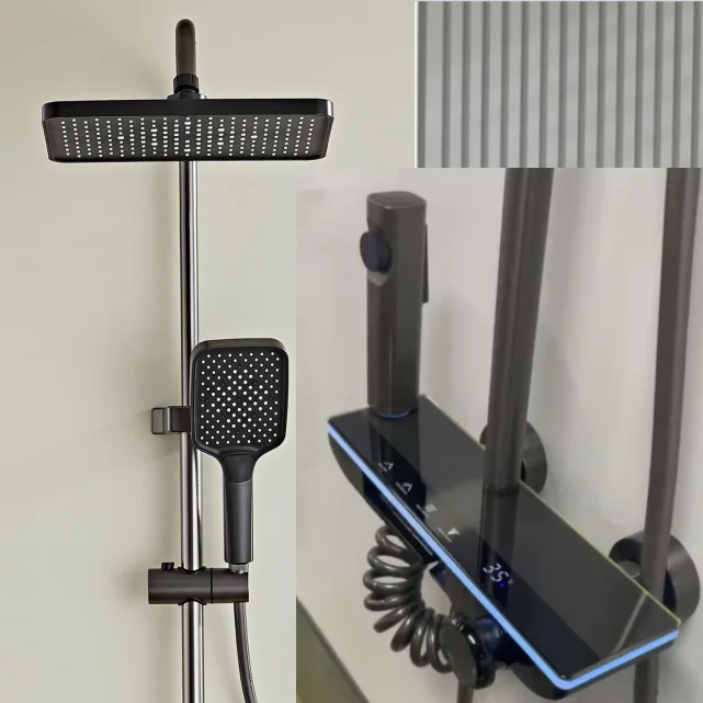 Intelligent Thermostatic Shower Set LED Digital Display Piano Keys Black Rainfall Bath Shower Faucet System Set Aluminum 4