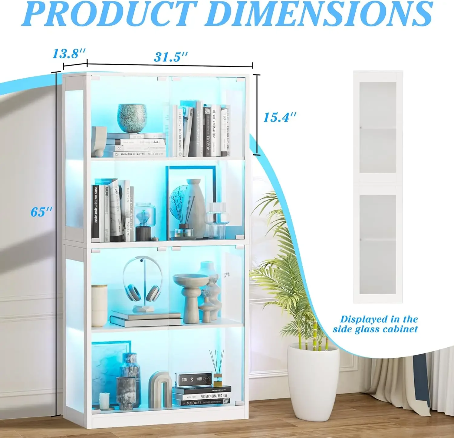 [Best Seller, Buy Now!]65" Display Cabinet with Glass Doors, 4 Tier Curio Cabinet with 12 Color Lights, Glass Display Cabinets f