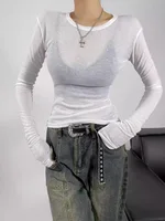 Women Crew Neck Fitted Long Sleeve Semi Sheer T-shirt - Image 3