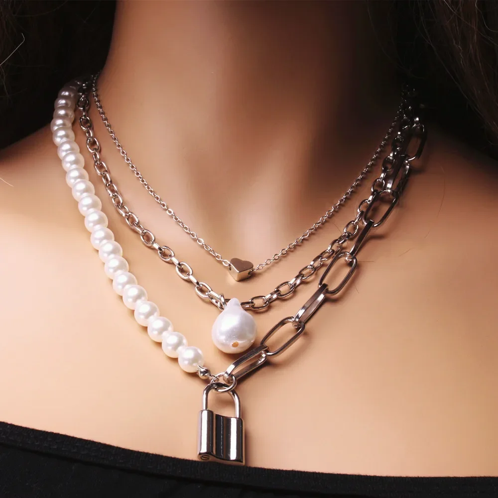 Pretty Design New Stainless Steel Fashion Jewelry Heart Lock Charm Layered Pendant Necklace For Women Charms Female Vintage