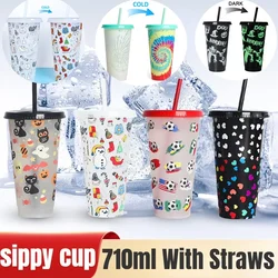 Magic Plastic Reusable Water Cups with Straws, Changing Color Cup, Magic Plastic Cup, Discoloration, 710ml