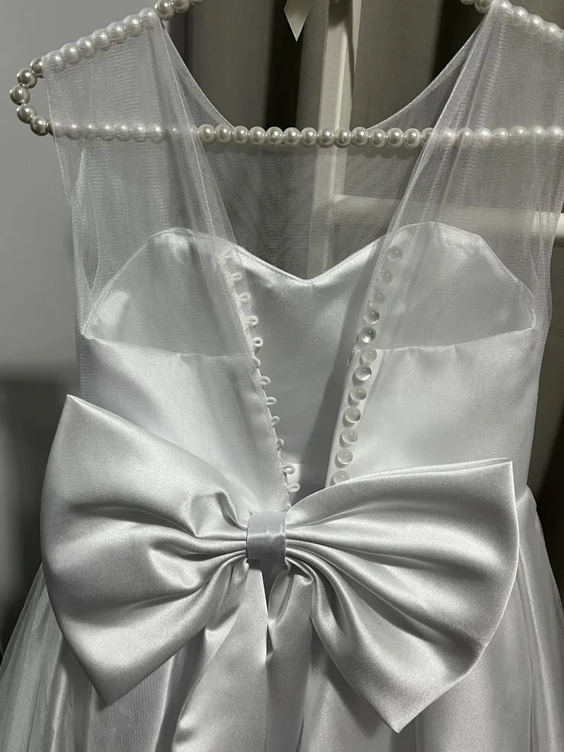 Simple Child Flower Girl Dresses for Weddings Satin A-line Tulle Bow Long Bridesmaid Pageant Robe First Communion Gown