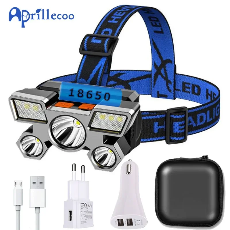 Head Flashlight Cob Headlamp 5 LED with Built-in 18650 Battery Rechargeable Portable Powerful Head Lamp Headlight Lantern Outdoor