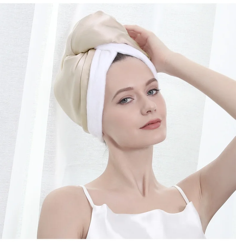 Silk exterior hair towel wrap for gentle drying