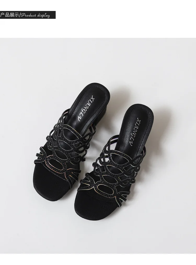 322-5 High Heel Sandals for  2023 New Summer Versatile Casual Rhinestone Thick Heel Roman Shoes for Women