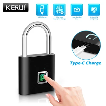 KERUI Smart Fingerprint Padlock Waterproof Fingerprint Keyless Door Lock Type C Rechargeable Security Padlock for House