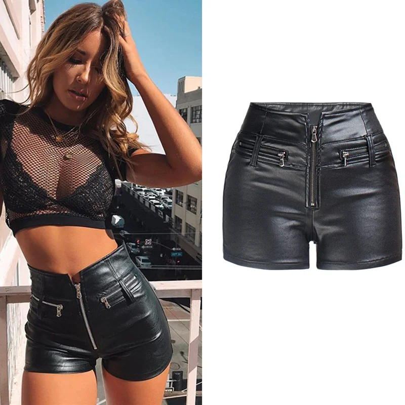 

Casual Vintage High Waist PU Leather Shorts Women Zipper Black Sexy Moto Biker Shorts Ladies Skinny Shorts Pants Spring Summer