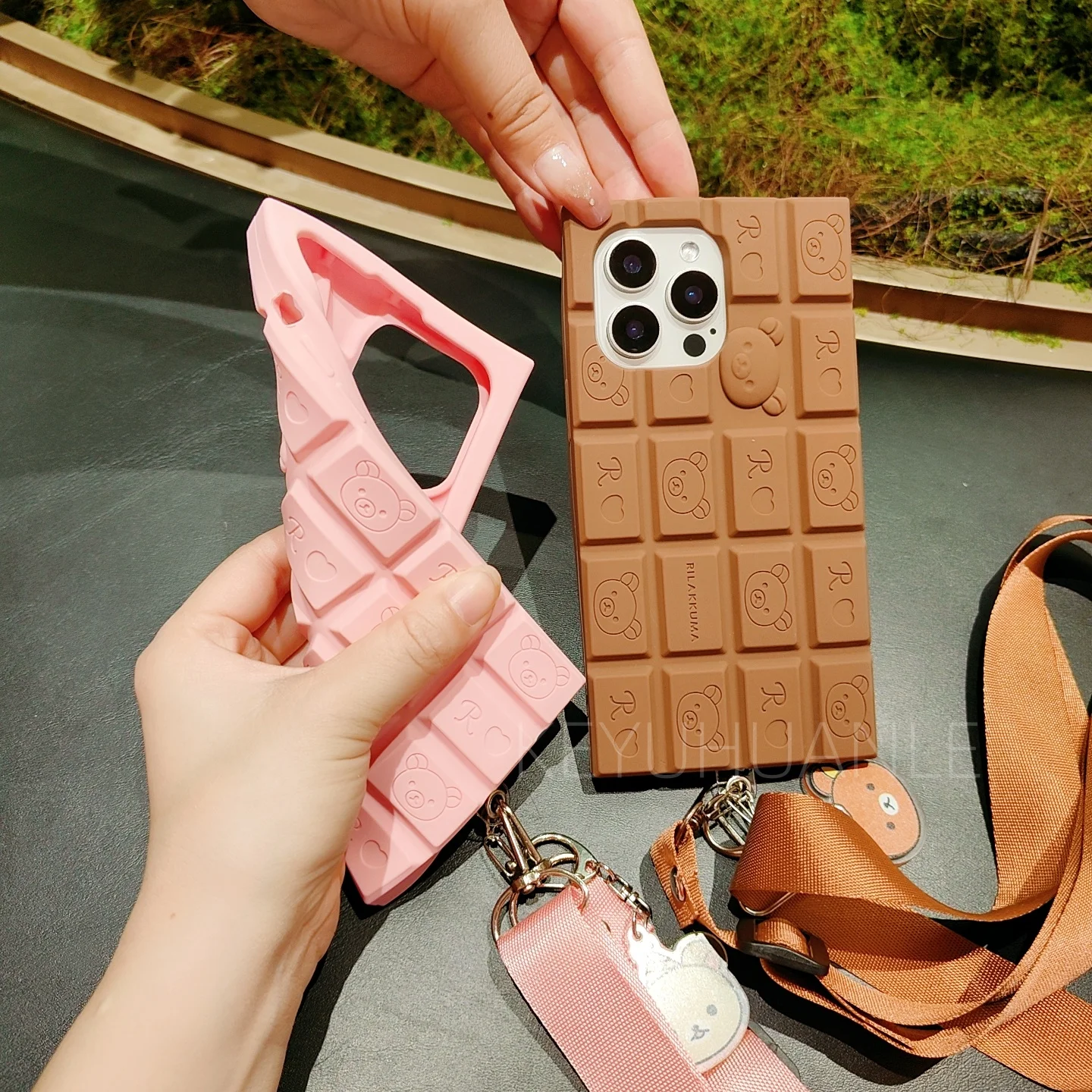 3D Chocolate Silicone Cartoon Bear Crossbody Phone Case with Strap Lanyard