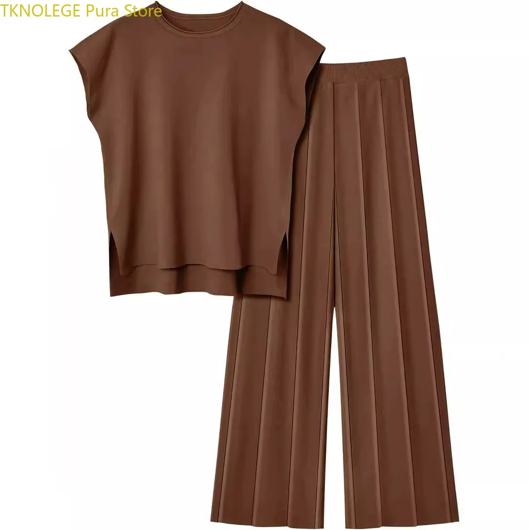 TKNOLEGE Knit Two-piece Set Women's Knit in Summer Air-conditioned Room Casual Suit Sleeveless Vest Sweater and Wide-leg Pants