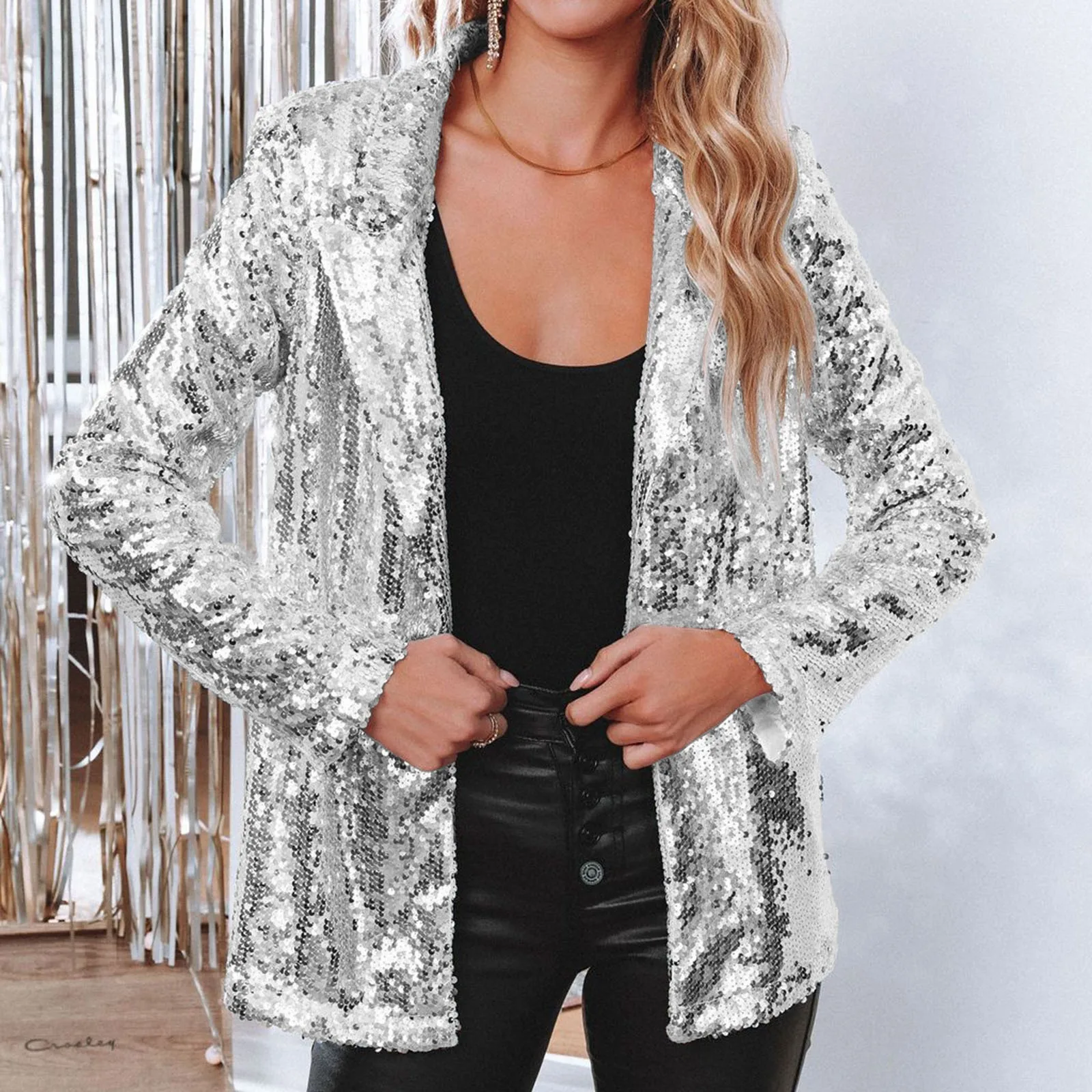 

Fashion Sexy Sequin Jacket For Women Open Front Blazer Sparkle Top Long Sleeve Cardigan Coat Bomber Jackets Y2k Blouses Clubwear