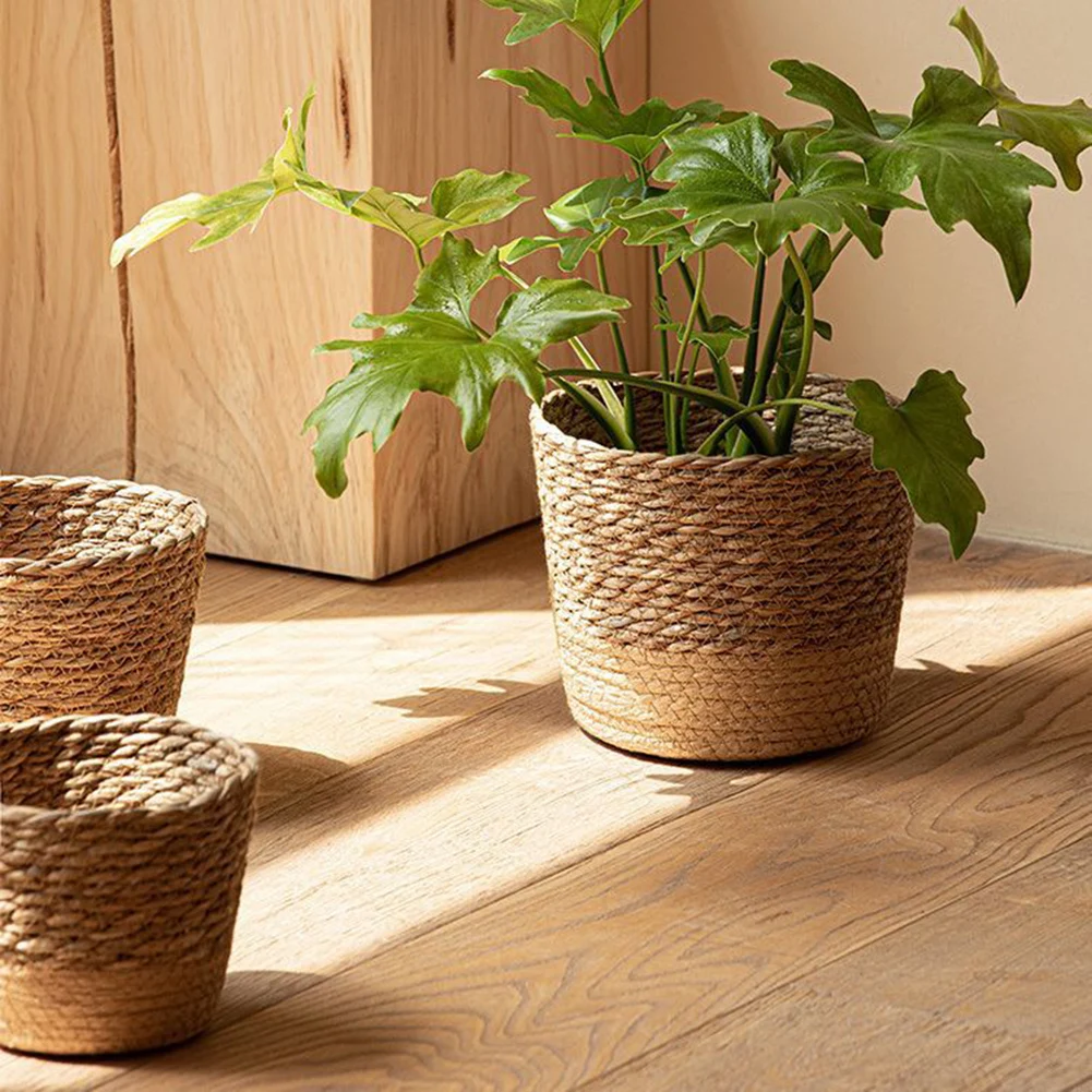 Straw Weaving Flower Plant Pot Wicker Basket Rattan Flowerpot Storage Basket Garden Flowerpot Handmade Woven Planter Basket