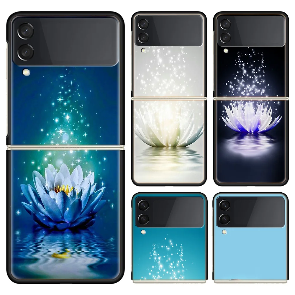 Custodia Per Telefono Lotus Blue White Flowers Per Samsung Galaxy Z Flip 5 Flip 4 3 5G Funda Black Coque Hard Pc Luxury Cover Z Flip 5 Capa