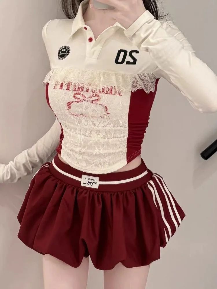 Y2K New Hot Girl Style Skirt Suit Bow Trousers Fashion Sexy Two Piece Lace Design Street Harajuku Mini Skirt Polo Long Sleeves 2