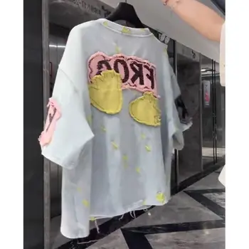 حجم كبير 1XL-4XL المرأة الكرتون المرقعة تي شيرت الصيف موضة المتضخم قمة فضفاضة القطن طاقم الرقبة عادية المرأة تي شيرت 2