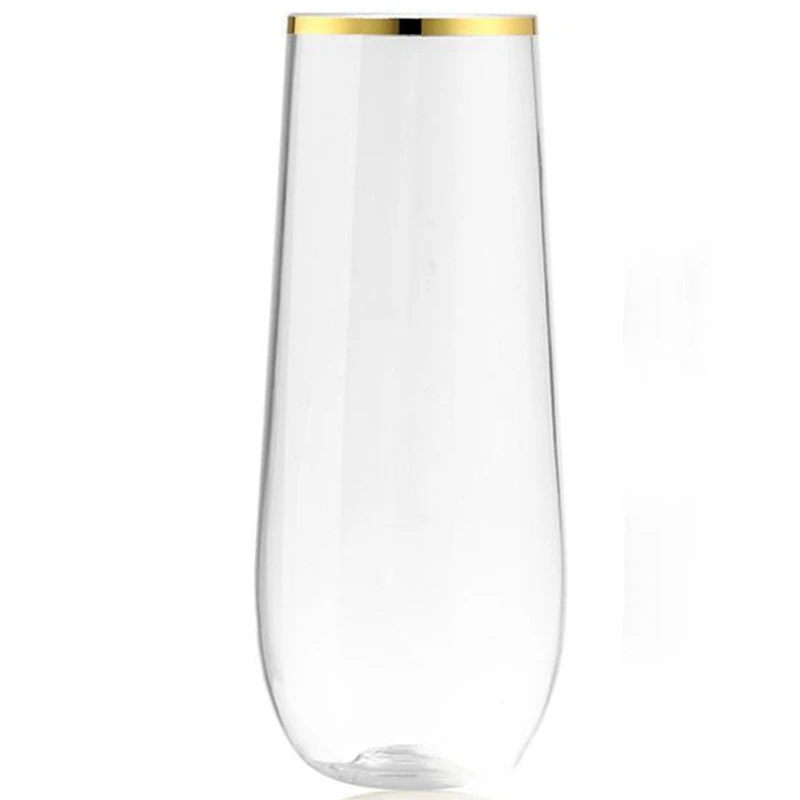 

Stemless Plastic Champagne Glass Disposable 9 Oz Gold Rim Clear Plastic Toasting Glasses Shatterproof Recyclable