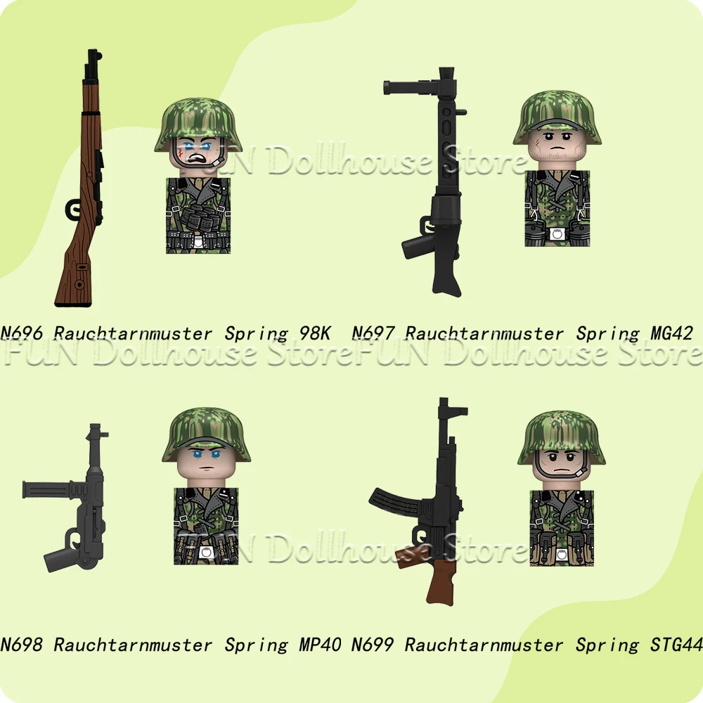 2차 세계대전 군대 스프링 미스티 엣지 위장 독일군 병사 피규어 빌딩 블록 보병 무기 링 프린트 총 DIY 브릭 장난감