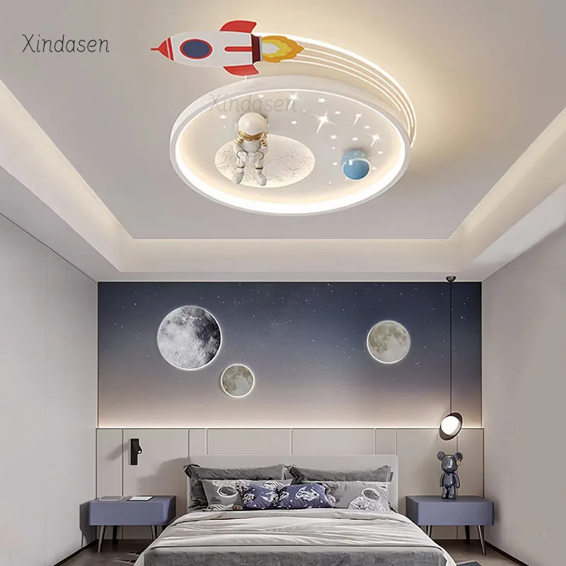 

White Nursery Astronaut Ceiling Light For Kids Room Boy Girl Children Bedroom Chandelier Cartoon Planet Moon Rocket Ceiling Lamp