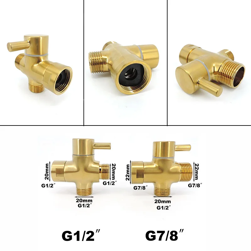 

G7/8" G1/2" T Adapter water tap faucet 3 way Gold-plating Stainless Valve Diverter Brass Separator toilet Shower Head Tee V27