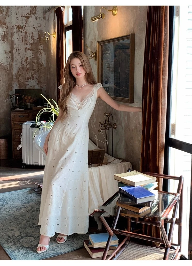 New Summer Hollow Out Midi Dress Women V-neck Vocation French Style White Dress Elegant Casual Korean Fashion Slim Vestidos 2025