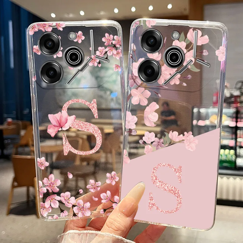 Floral Letter Transparent Slim Silicone Couple Phone Case