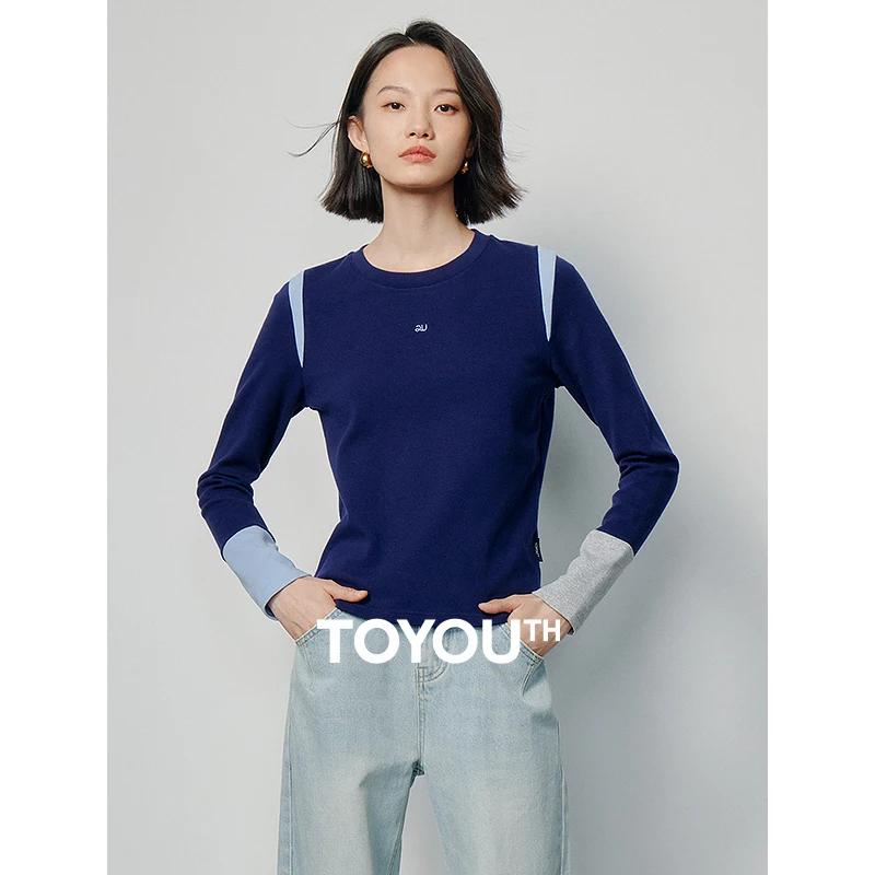 

Toyouth Women Tees 2024 Spring Long Sleeve O Neck Elastic Comfortable T-shirt Creative Color Contrast Fashion Soft Tops