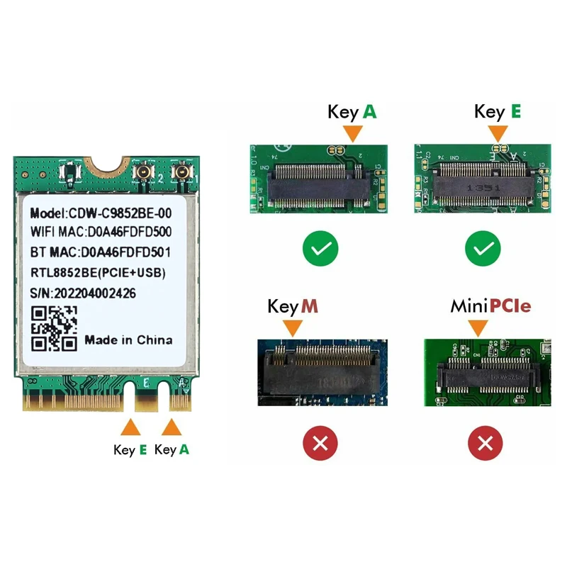 Realtek RTL8852BE M.2 NGFF 어댑터 용 WiFi 6 듀얼 밴드 AX1800 노트북/PC 용 Bluetooth 5.0 무선 802.11AX 2.4G/5G Wlan 카드