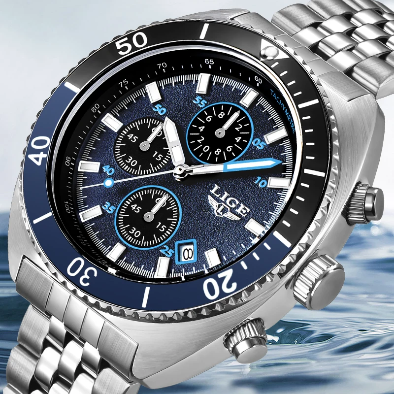 

New Watch LIGE Men Watches Top Brand Luxury Steel Band Military Man Quartz Chronograph Waterproof Big Watches Relogios Masculino