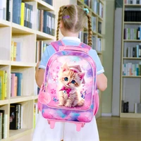 3PCS Rolling Backpack for Girls, Kids Roller Wheels Bookbag, Wheeled Elementary School Bag with Lunch Bag - Cat 6