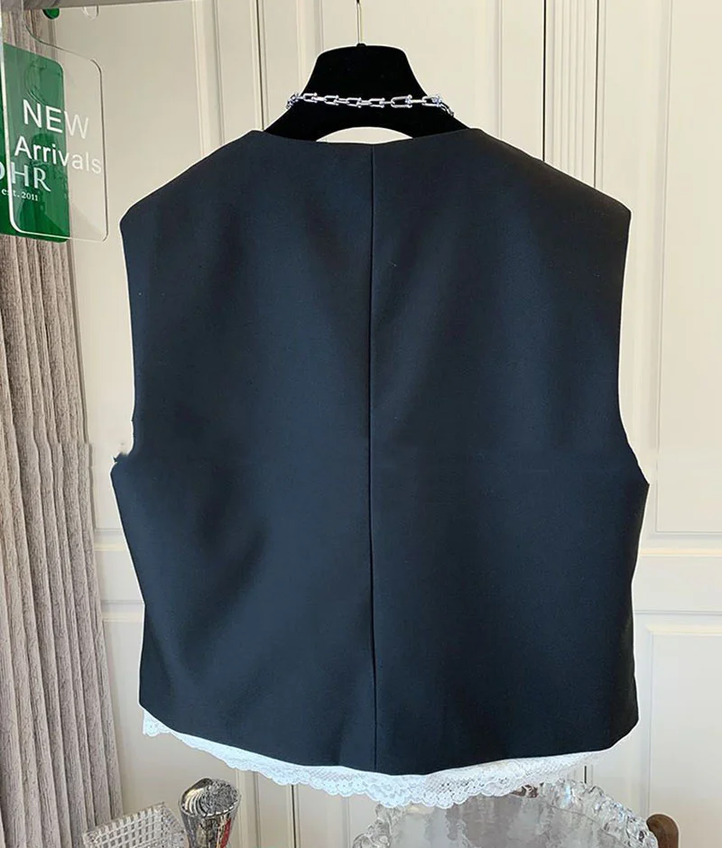 Lace Patchwork Women Vest Korean O Neck Casual Sleeveless Jackets 2024 Female Loose Waistcoat Vintage Chic Tops Women Clothing 2