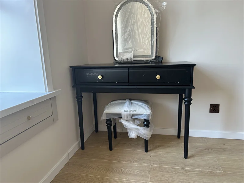 Description Picture 4 of itemAmerican Retro Solid Wood Dressing Table Small Apartment Bedroom Furniture Black Makeup Table Modern Vanity Table with Mirror Z