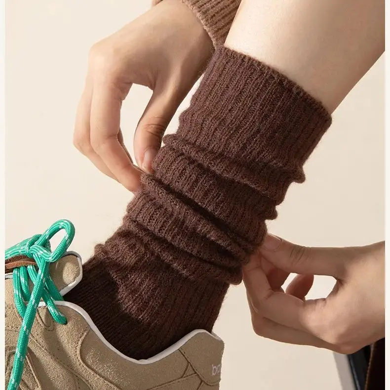Knee High Socks Soft Wool Women Autumn Winter Cashmere Solid Knitted Skinny Casual Fluffy Warm Thicken Girls