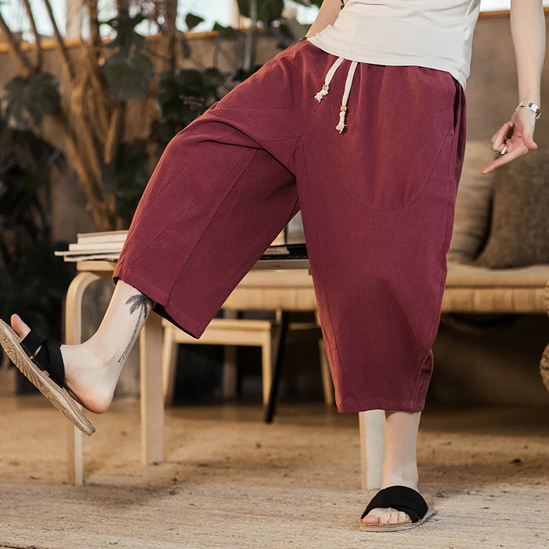 Men Wide Leg Pants Japanese Style Loose Cotton Harem Pants