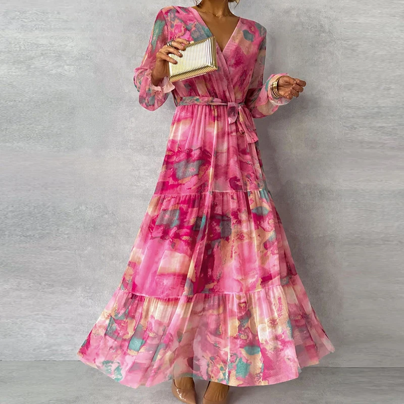 

Женское повседневное Плиссированное Платье, Элегантное Длинное Платье с V-образным вырезом и длинными рукавами, на шнуровке, с высокой талией, весна-лето