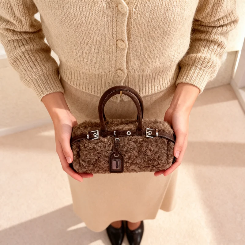 Autumn Winter Women's Lamb Wool Handbag Chic Color Contrasting Versatile Plush One Shoulder Crossbody Bags Party Clutch