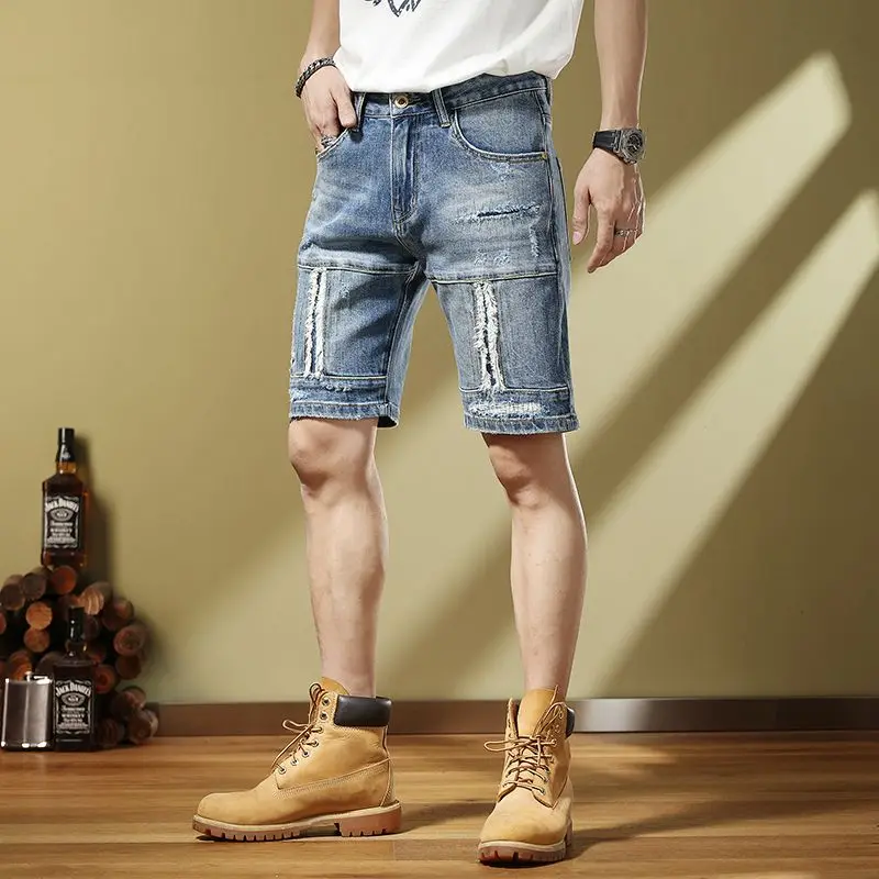 Handsome Fashion Personalized Embroidery Splice 2023 Summer Retro Men's Denim Split knee length jeans shorts cargo pants men