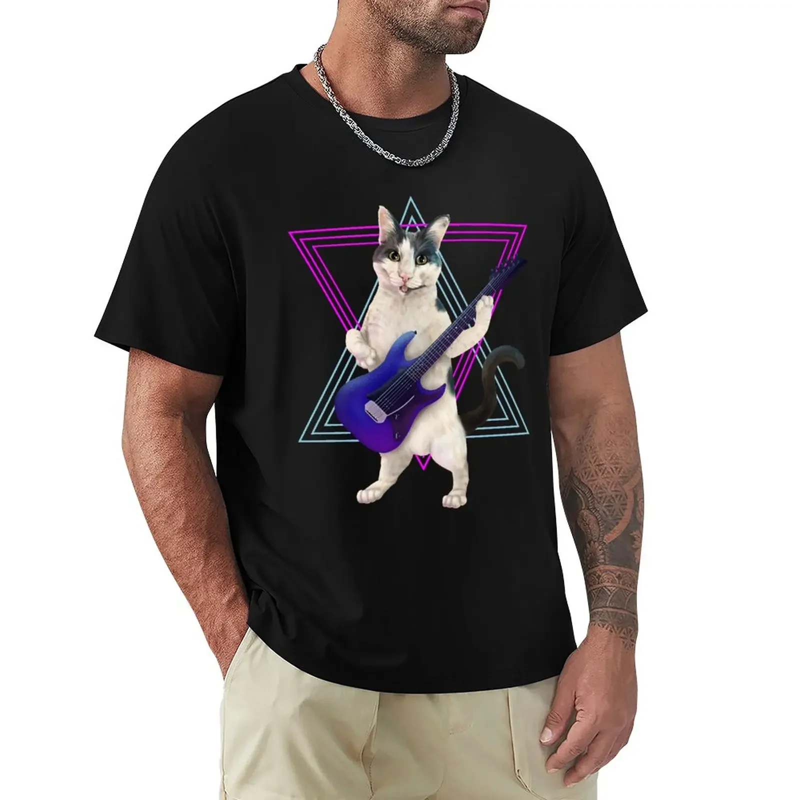

Cat playing electric guitar T-Shirt vintage clothes anime plus size tops mens clothes